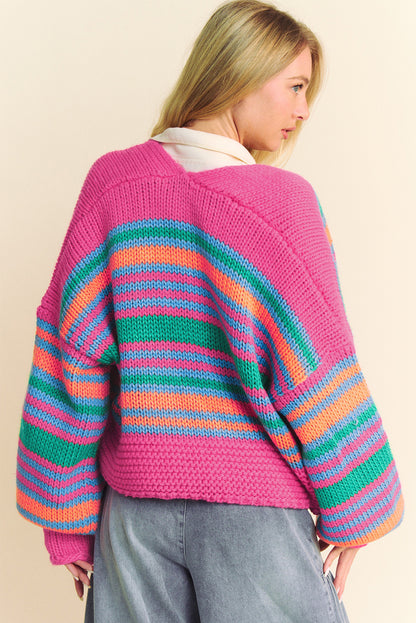 Colourful Puff Sleeve Drop Shoulder Loose Cardigan | Rose Stripe