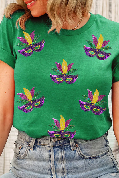 Bright Green Sequin Mardi Gras Mask Patched Pattern Crewneck Tee