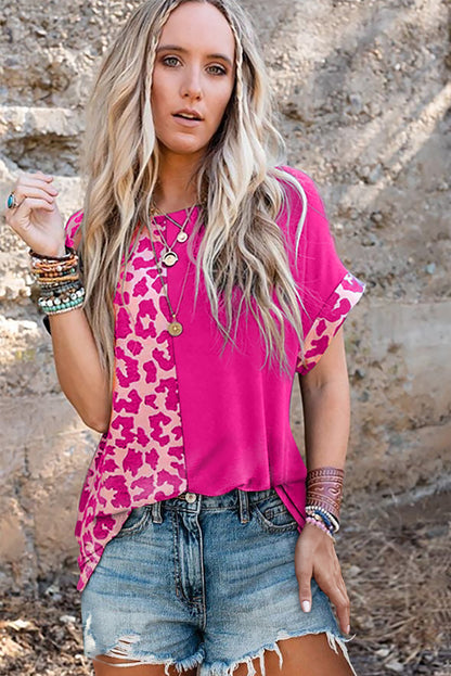 Half Leopard Patchwork Short Sleeves Top | Rose