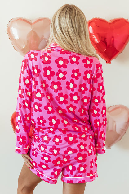 Flower Print Long Sleeve Shirt Shorts Pajamas Set | Pink