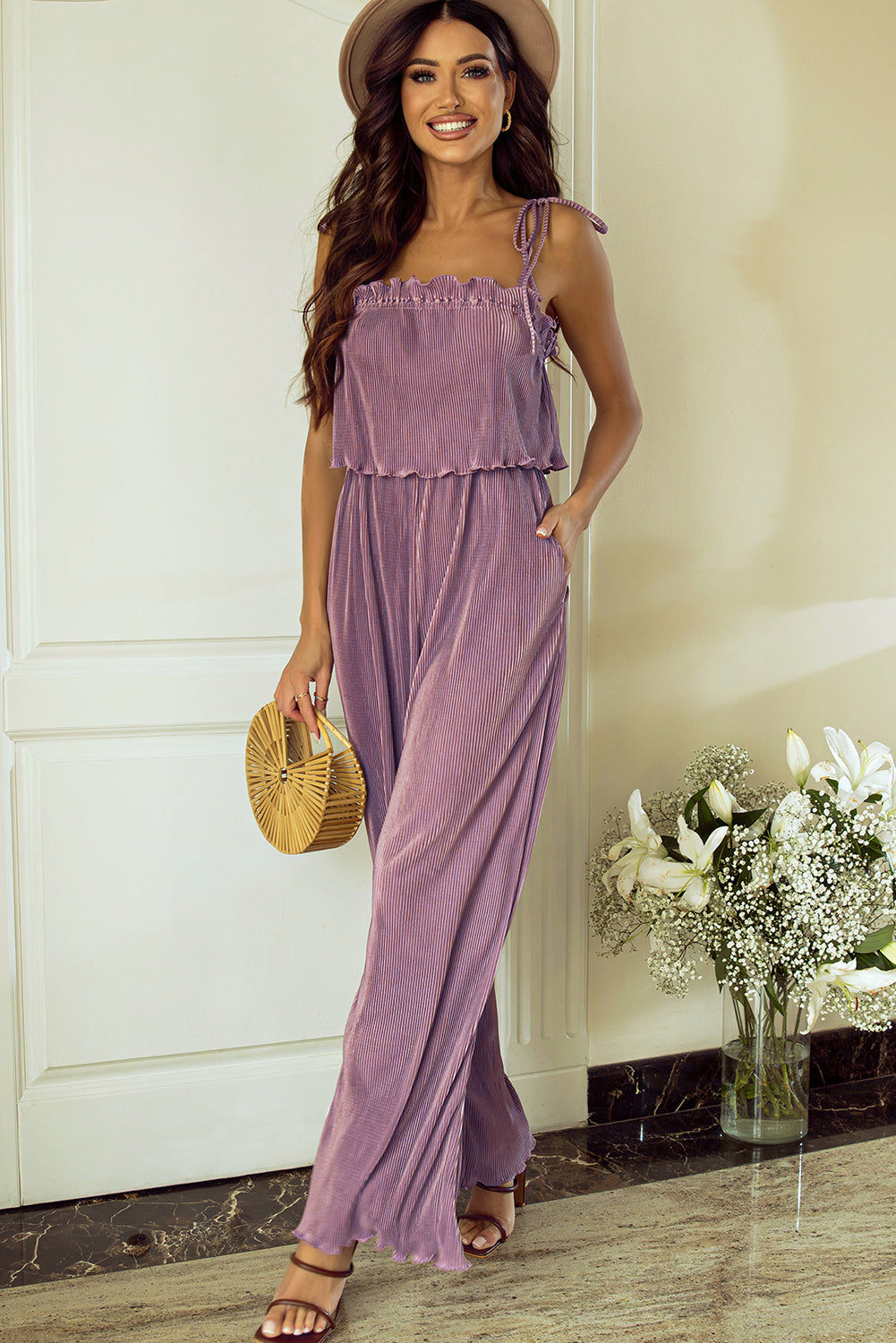 Solid Self Tied Straps Pleated Wide Leg Jumpsuit | Rose Tan