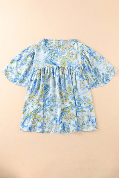 Paisley Print Wide Sleeves Loose Blouse | Sky Blue