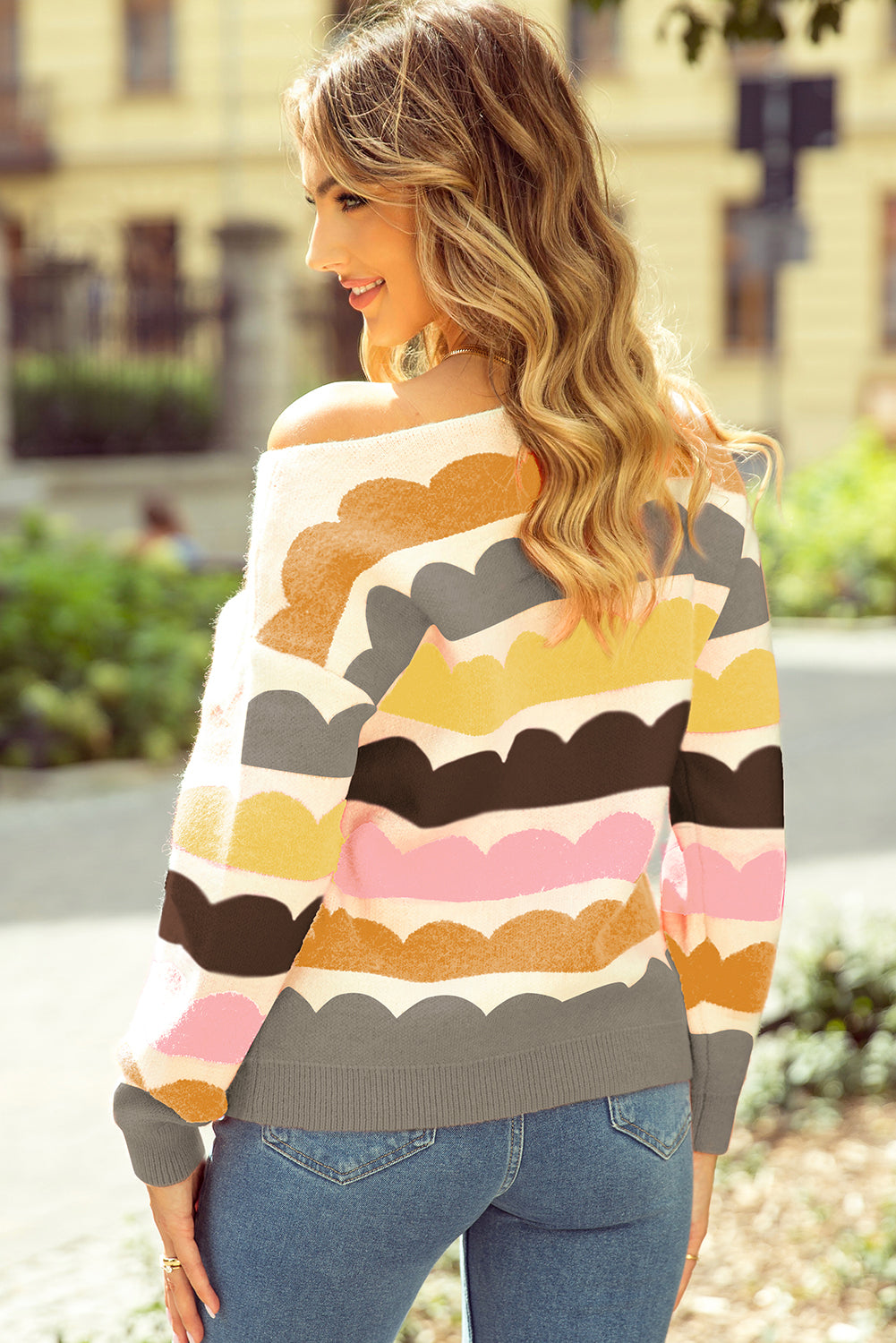 Wave Striped Balloon Sleeve Drop Shoulder Sweater | Yellow