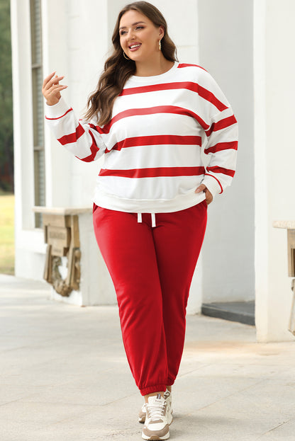 Drop Shoulder Pullover And Jogger Pants Set | Red Stripe