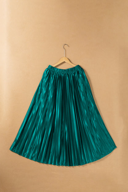 Satin Elastic Waist Pleated Maxi Skirt | Blackish Green