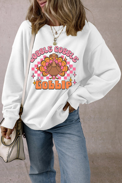 Gobble Gobble Turkey Graphic Crewneck Thanksgiving Sweatshirt | White