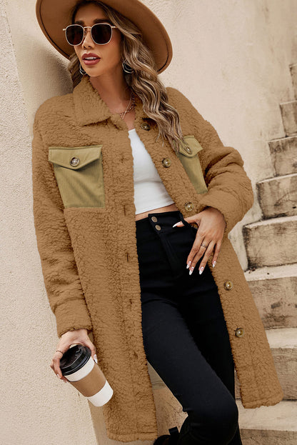 Contrast Flap Pocket Single Breasted Teddy Coat | Khaki