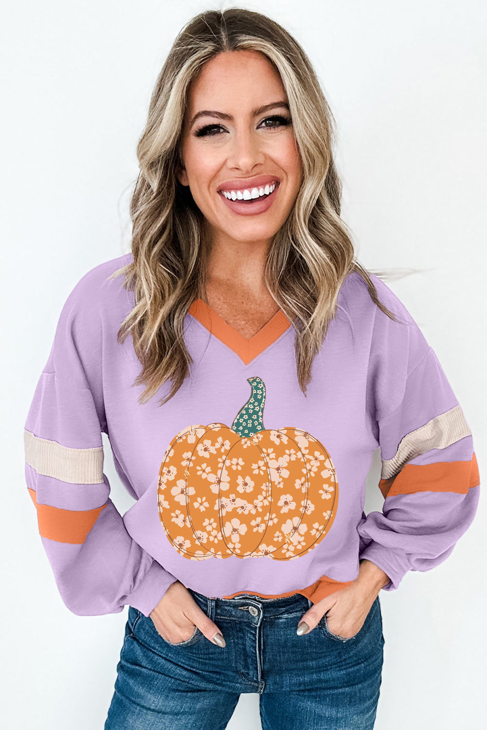 Halloween Floral Pumpkin Colour Block V Neck Sweatshirt | Orchid Bouquet