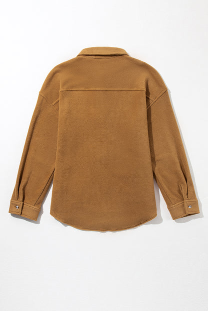 Chest Pocket Button Up Fleece Shacket | Camel