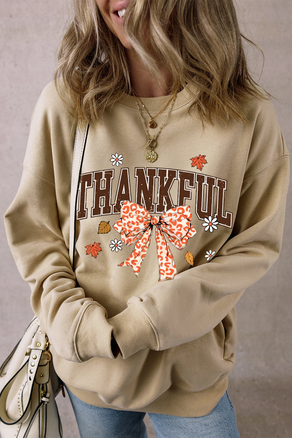 Thankful Leopard Bow Fall Vibe Graphic Sweatshirt | Parchment