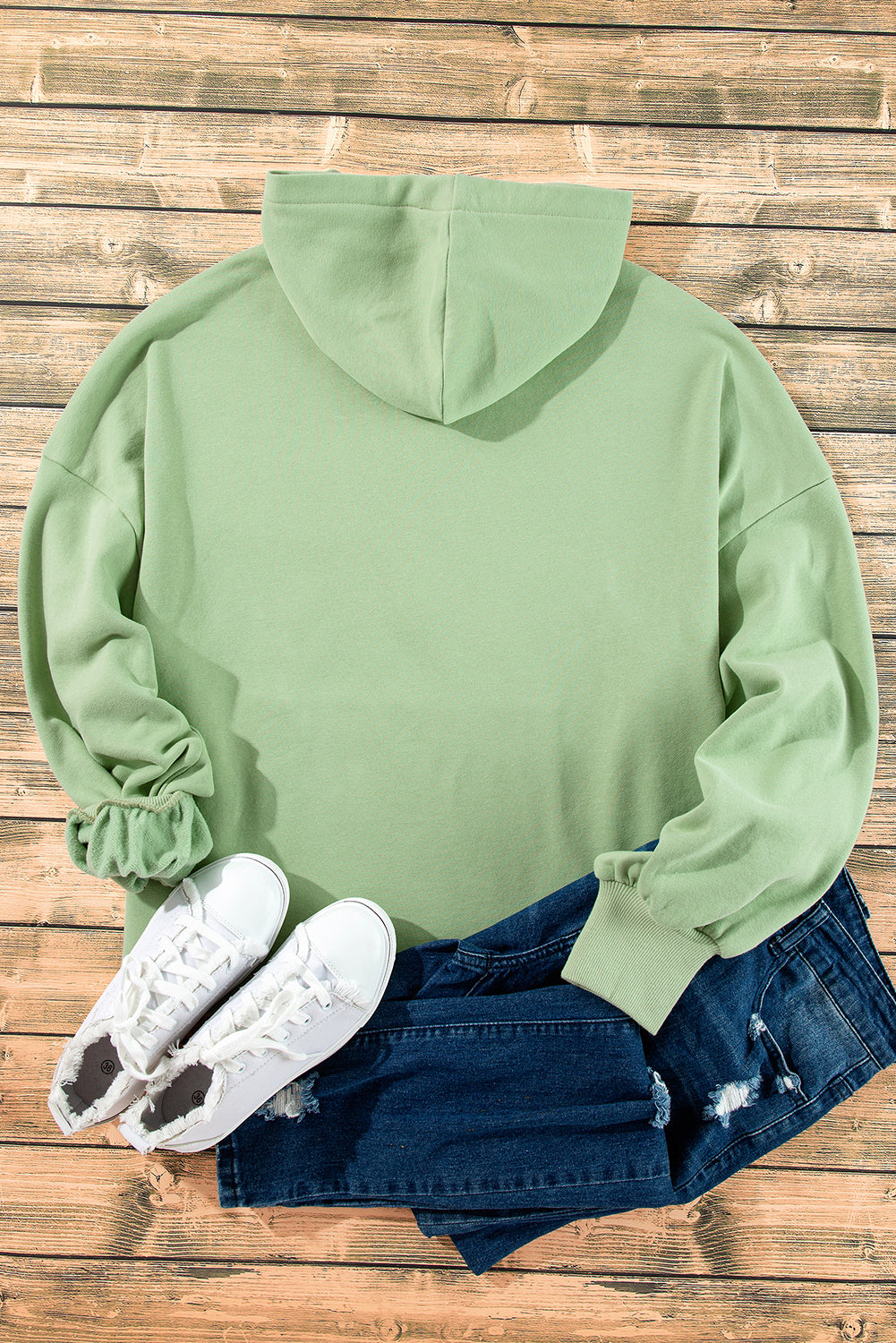 Fleece Lined Half Zipper Kangaroo Pockets Loose Hoodie | Smoke Green