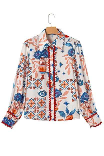 Western Printed Ric Rac Bishop Sleeve Button Up Shirt | Multicolour