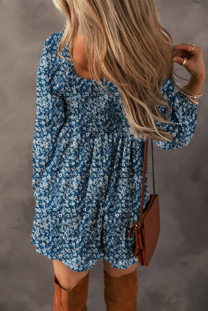 Floral Print Sweetheart Neck Shirred Back Mini Dress | Blue