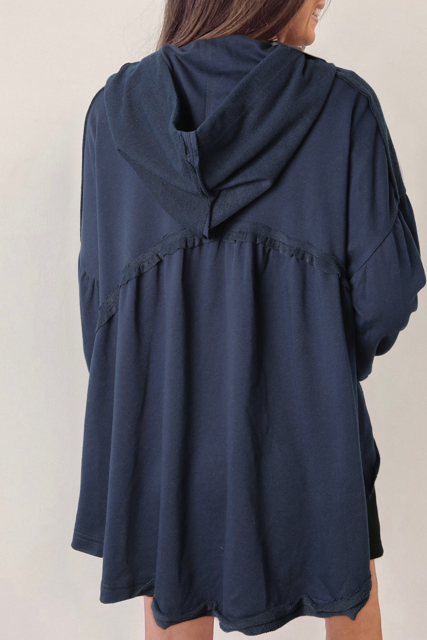 Dark Blue Oversized Ruffled High Low Hem Drop Shoulder Hoodie | Black