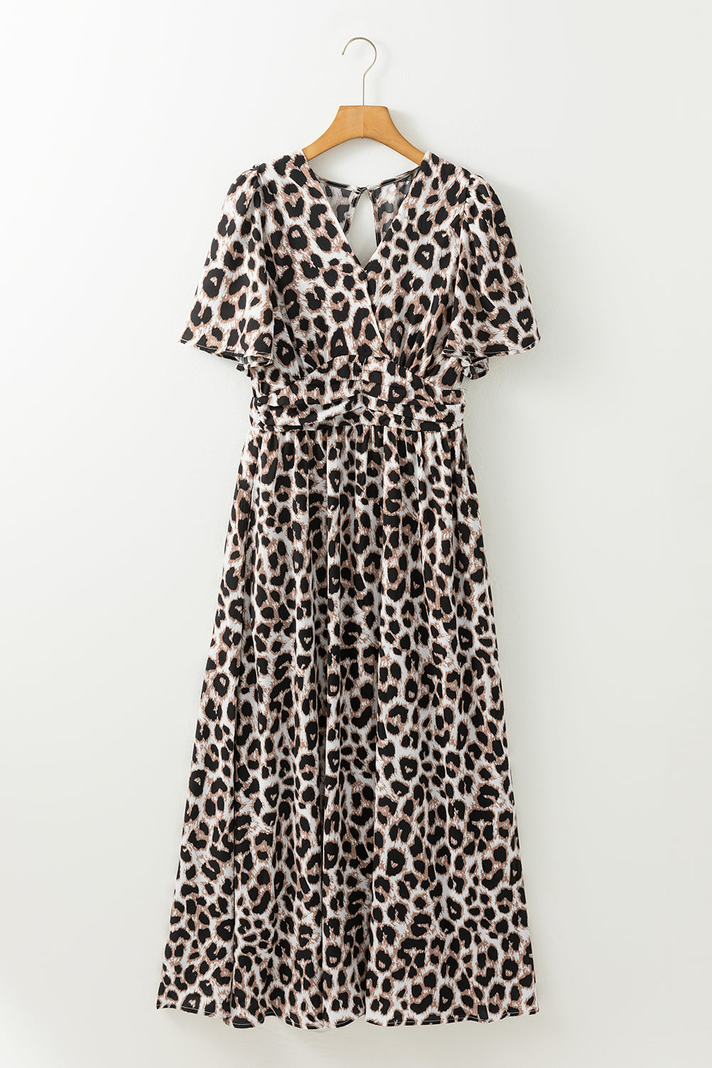 Leopard V Neck Cinched High Waist Open Back Maxi Dress | Khaki