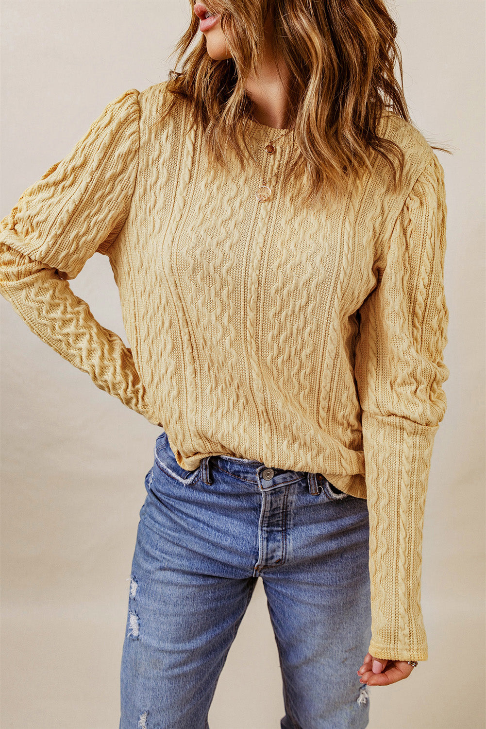 Khaki Solid Color Puffy Sleeve Textured Knit Top