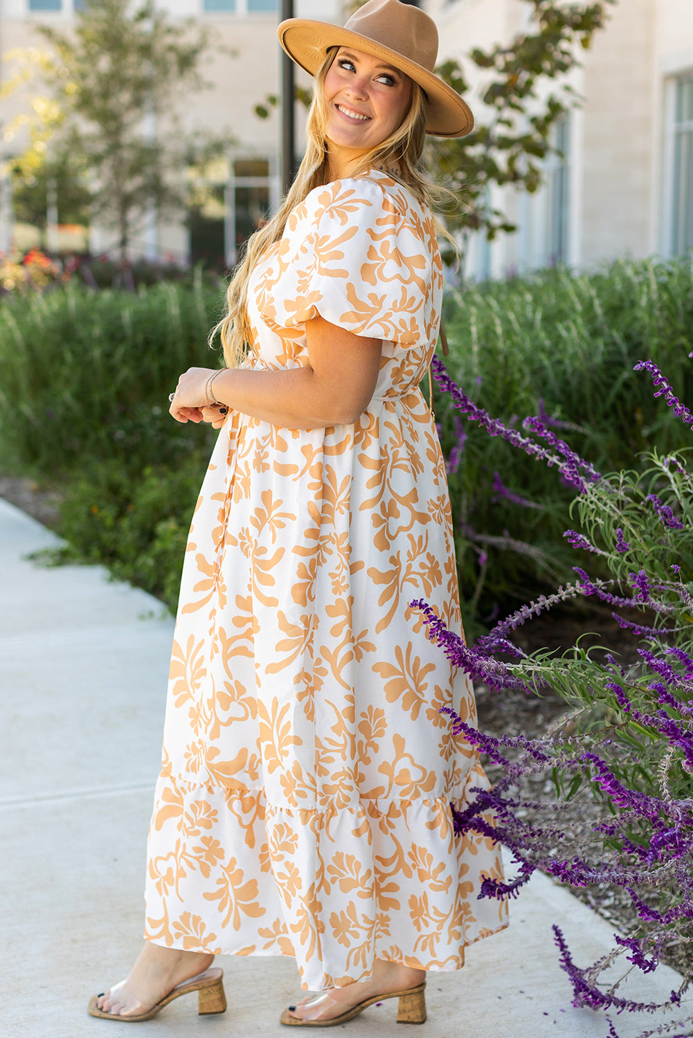 Floral Print Puff Short Sleeve Resort Plus Size Maxi Dress | Apricot