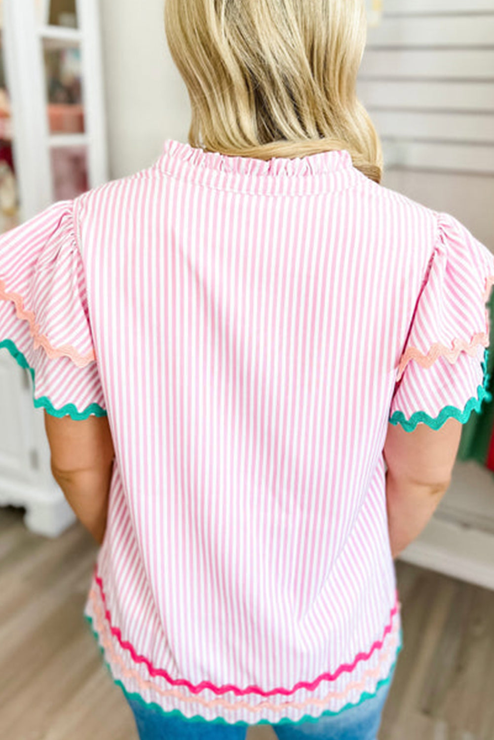 Ricrac Trim Split Neck Striped Ruffled Sleeve Blouse | Pink Stripe