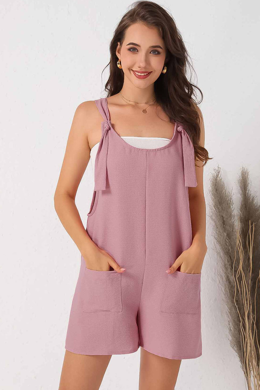 Adjustable Straps Pocketed Textured Romper | Pink