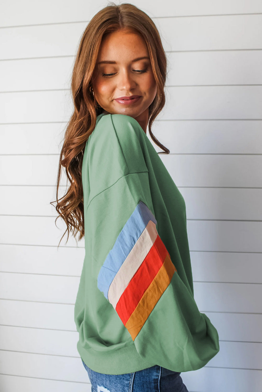 Rainbow Striped Sleeve Crew Neck Loose Sweatshirt | Moonlight Jade