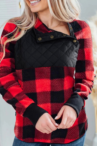 Fiery  Long Sleeve Plaid Paneled Sweatshirt | Red