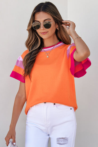 Contrast Flutter Sleeves Knitted Sweater T Shirt | Carrot