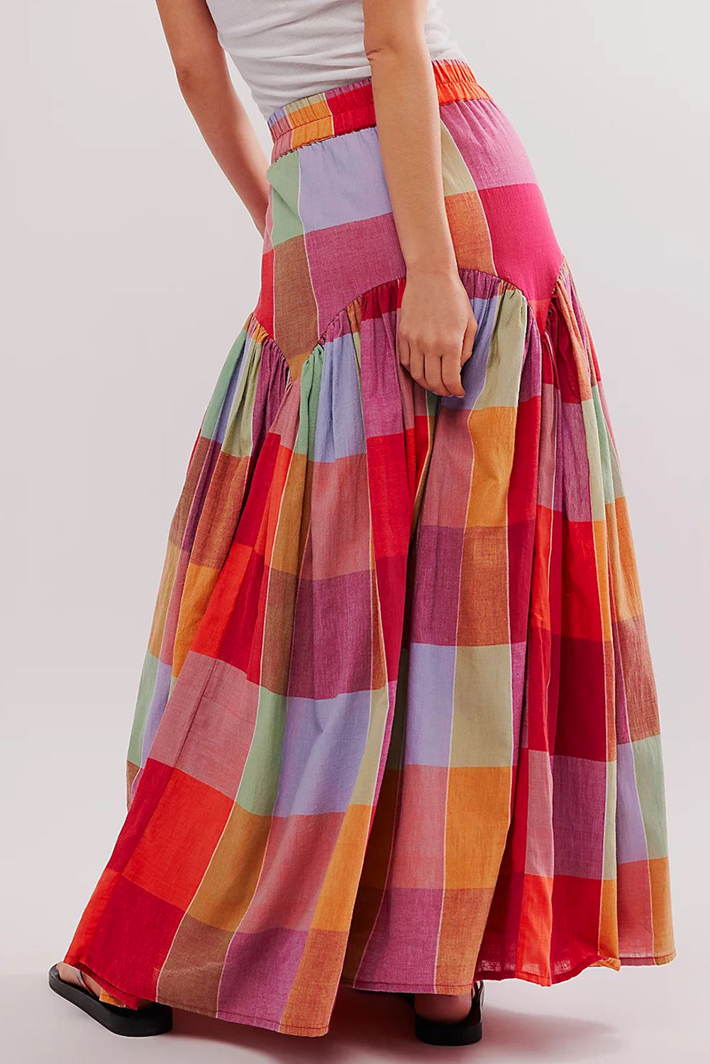 Plaid Print Ruched High Waist Casual Maxi Skirt | Multicolour