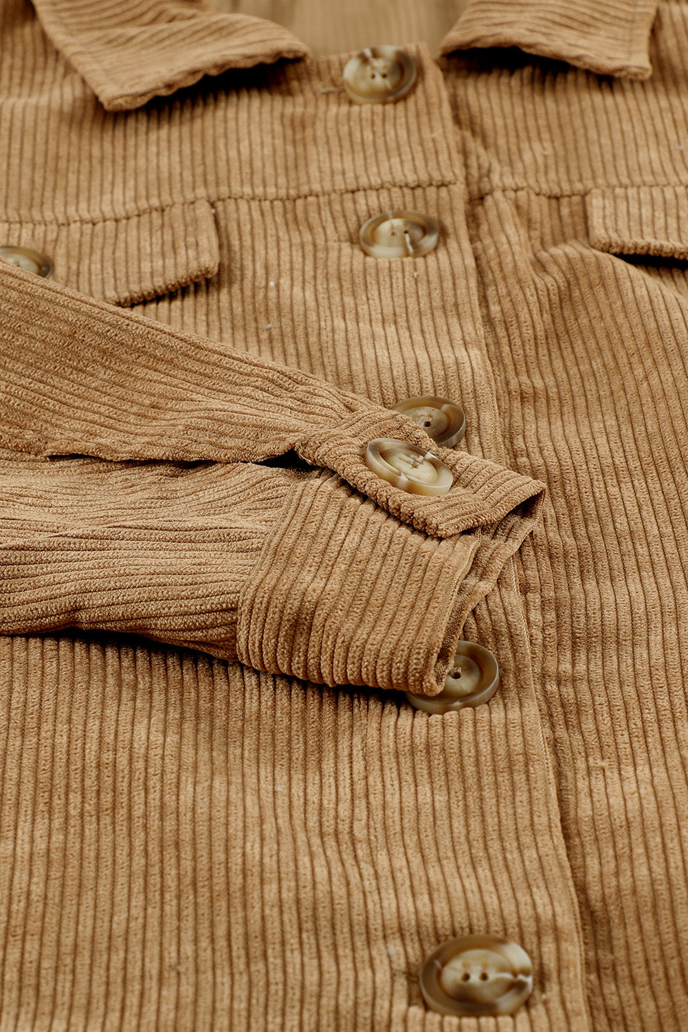 Ribbed Corduroy Long Sleeve Jacket With Pocket | Khaki