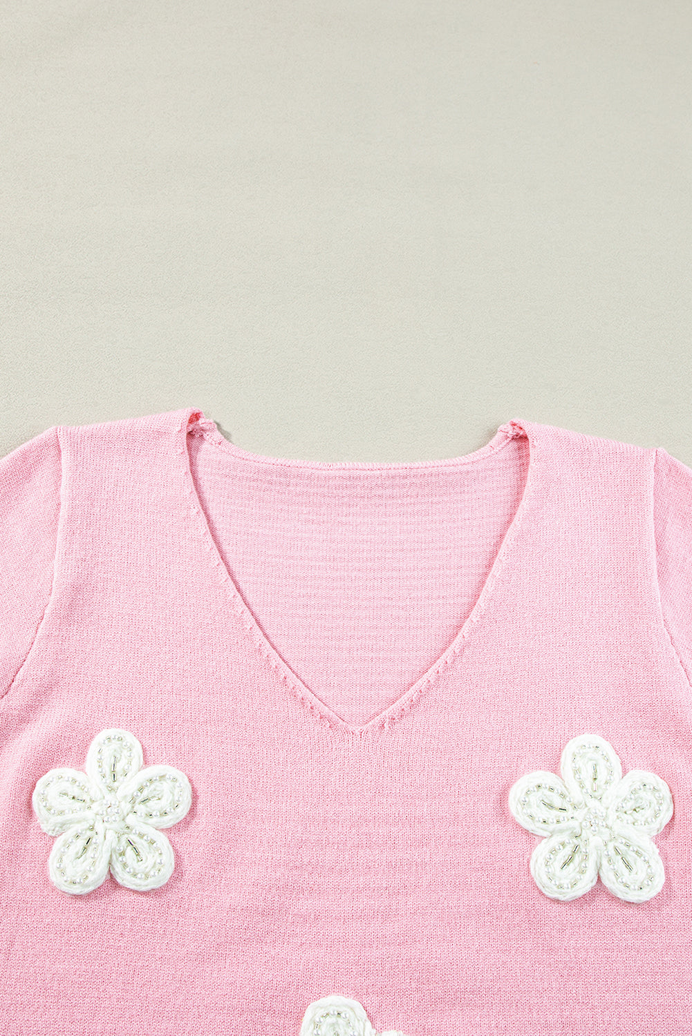 Flower Crochet V Neck Short Sleeve Sweater | Pink