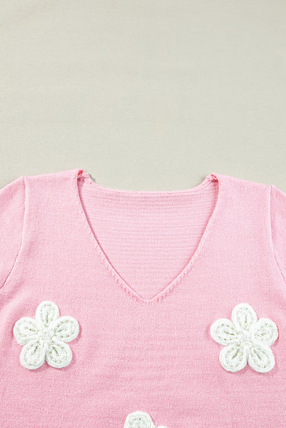 Flower Crochet V Neck Short Sleeve Sweater | Pink