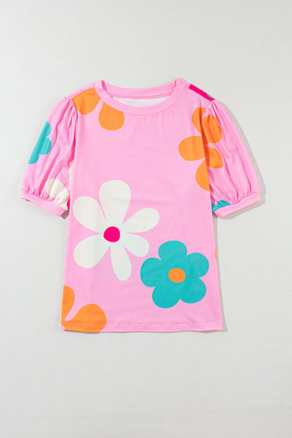 Flower Print Bubble Sleeve Tee | Pink