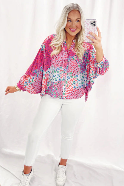 Floral Allover Print Buttoned V Neck Oversized Shirt | Rose Red