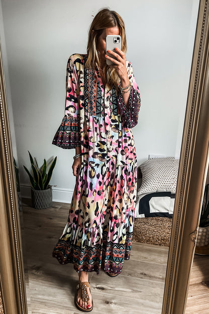 Western Leopard Printed 3/4 Sleeve Buttoned Front Tiered Maxi Dress | Pink