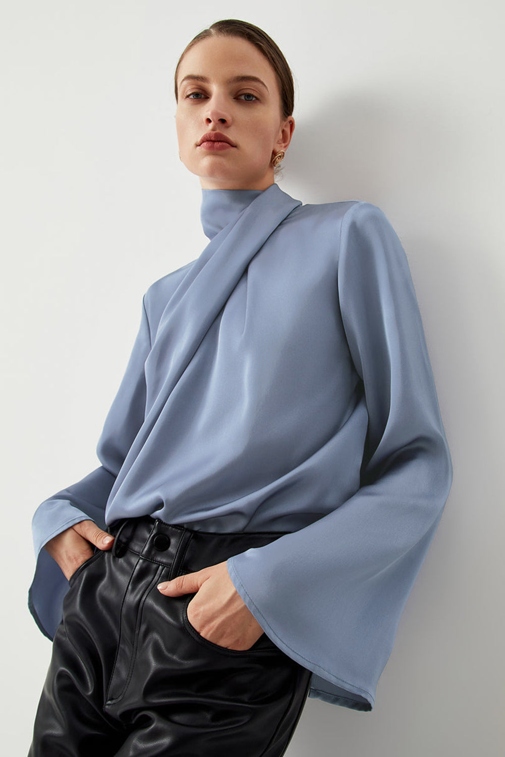 Asymmetric Pleated Turtleneck Bell Sleeve Blouse | Ivy