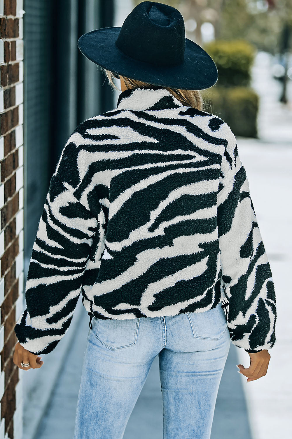 Zebra Teddy Zip-Up High Neck Jacket | Black