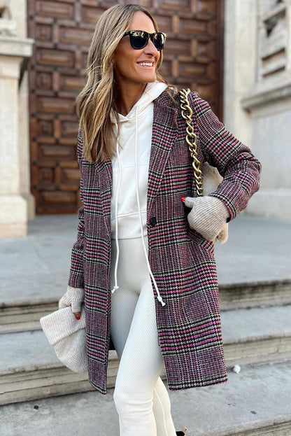 Plaid Lapel Collar One Button Midi Coat | Pink