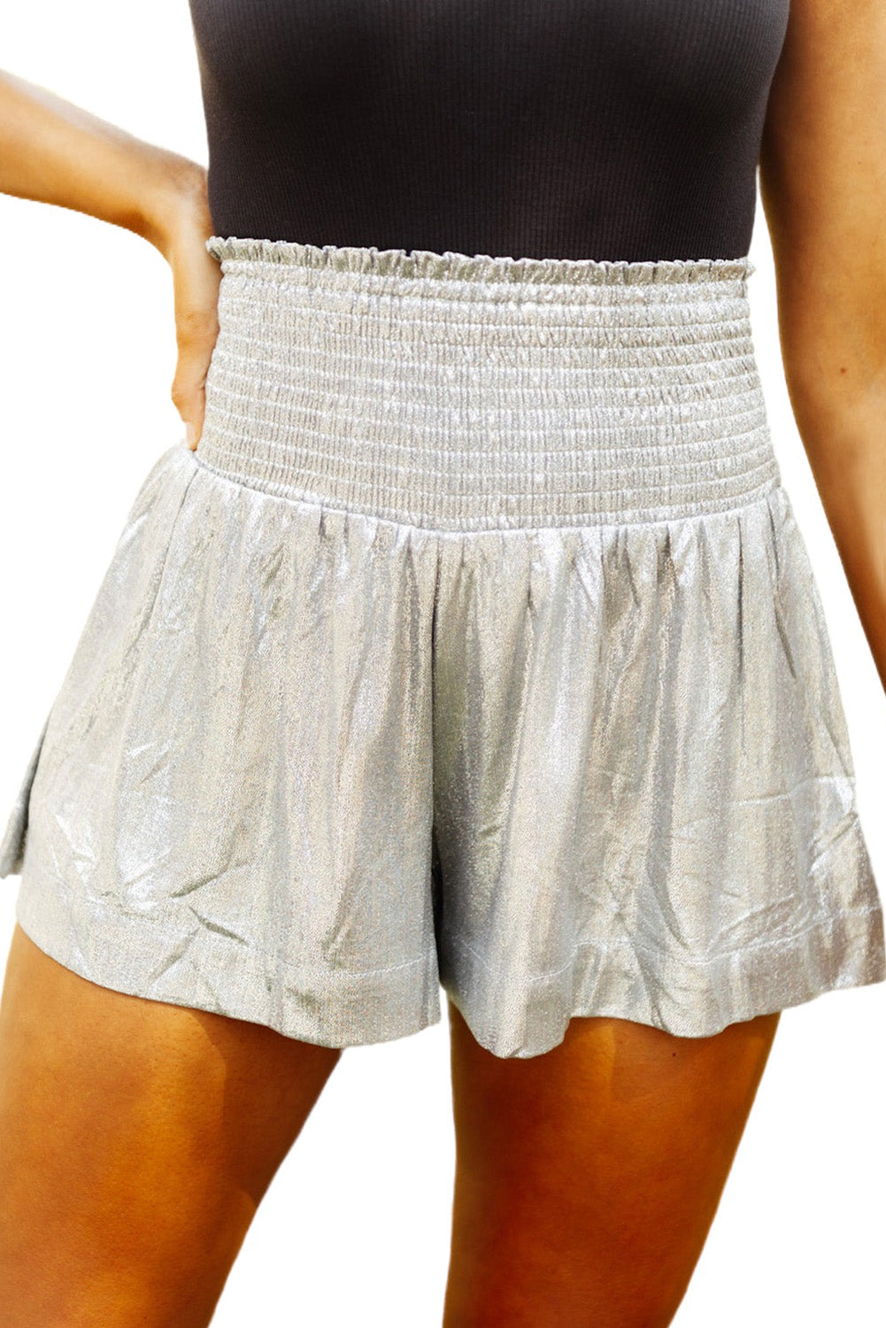 Metallic Sheen Smocked High Waist Shorts | Gray