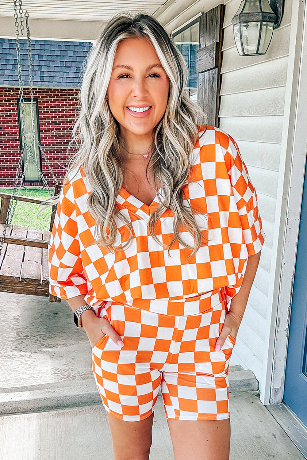 Checkerboard Print V Neck Loose Tee And Shorts Lounge Set | Orange