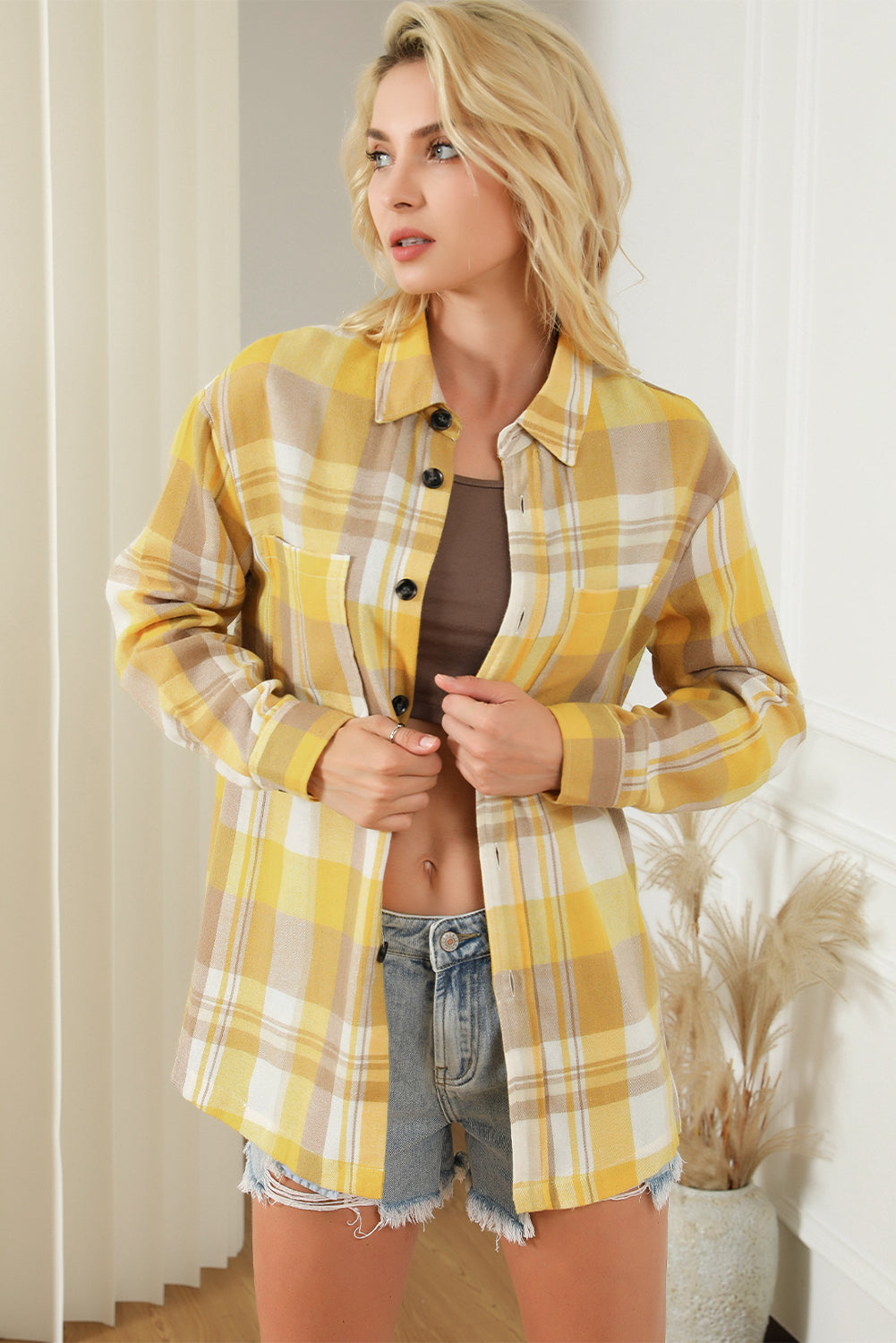 Plaid Button Up Patch Pocket Shirt | Yellow