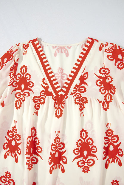 Vintage Geometric Printed 3/4 Sleeve V Neck Blouse | Orange