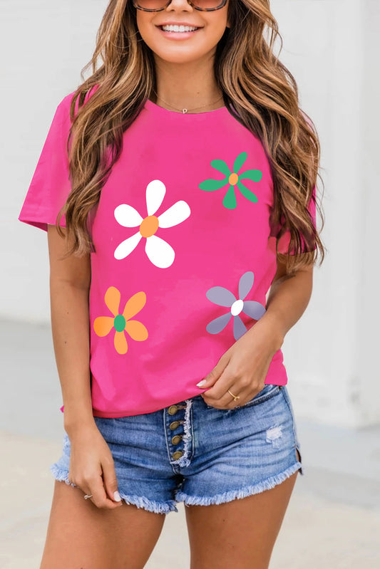 Rose Red Summer Flower Print Fashion Cotton Tee