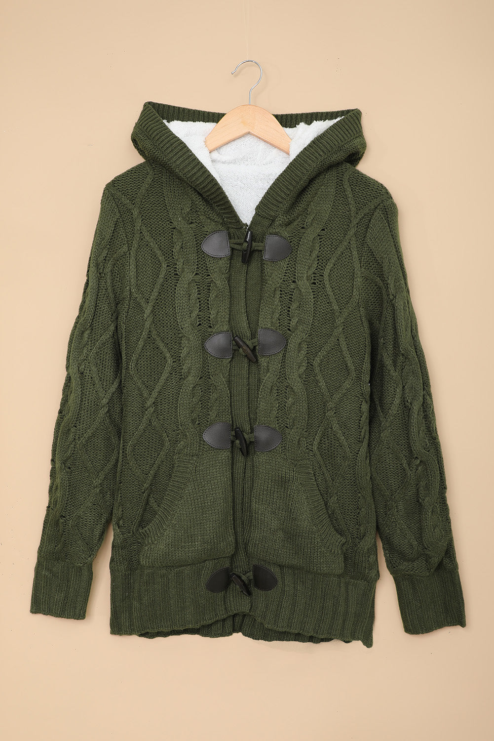 Army  Fur Hood Horn Button Sweater Cardigan | Green