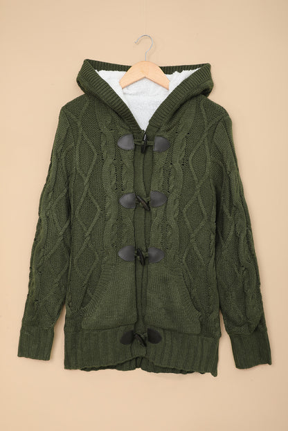 Army  Fur Hood Horn Button Sweater Cardigan | Green