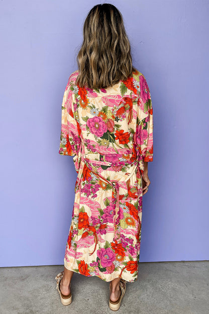 Floral Allover Print Open Front Belted Duster Kimono | Pink