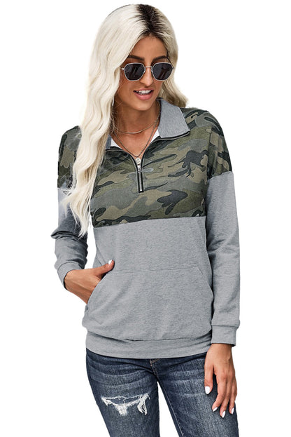 Camo Splice Gray Kangaroo Pocket Zip Collar Sweatshirt | Green