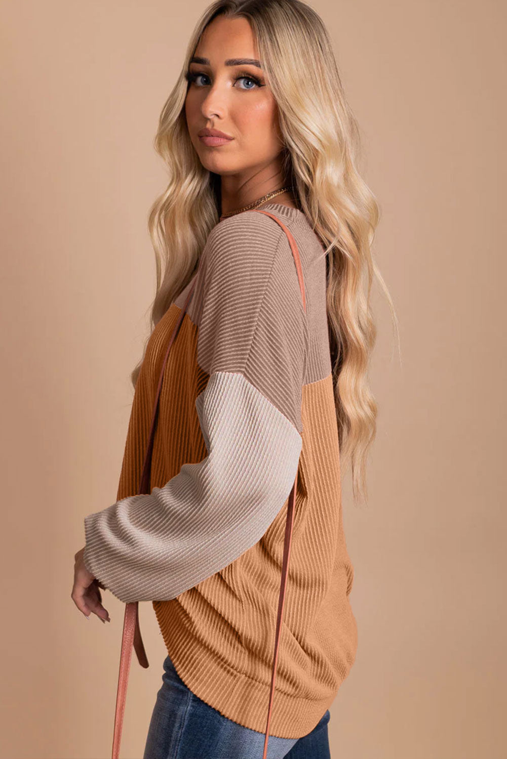 Colour Block Long Sleeve Ribbed Loose Top | Khaki