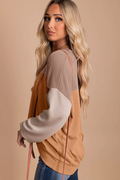 Colour Block Long Sleeve Ribbed Loose Top | Khaki