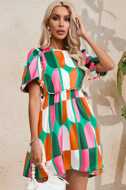 Abstract Print Puff Sleeve Short Dress | Green