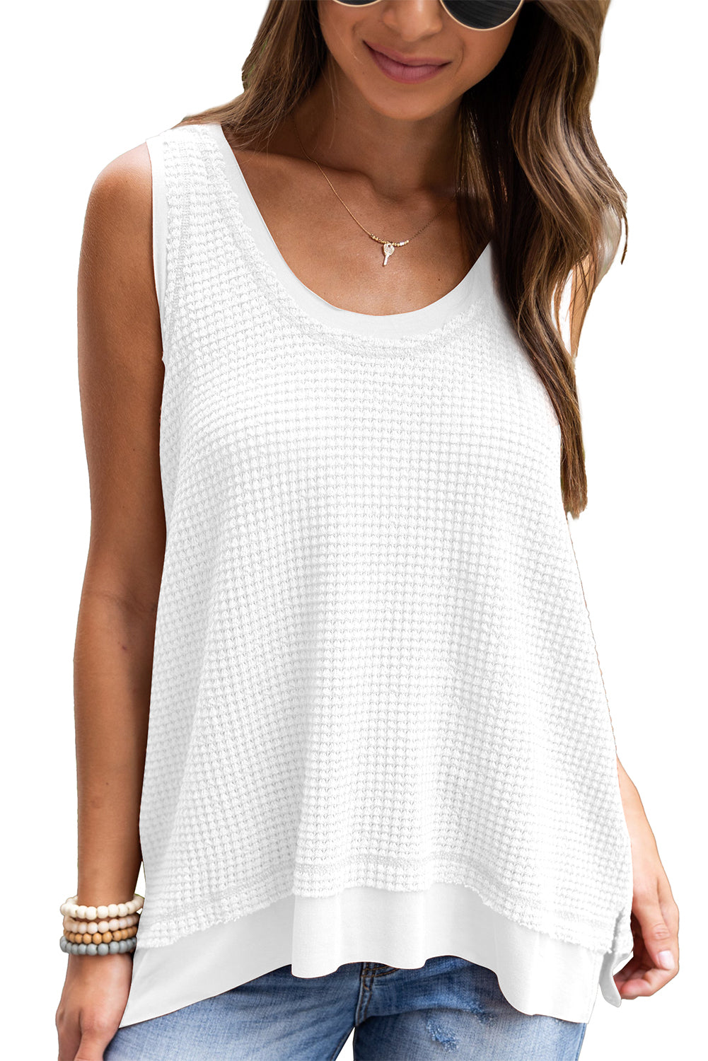 Scoop Neck Waffle Knit Flowy Vest | White