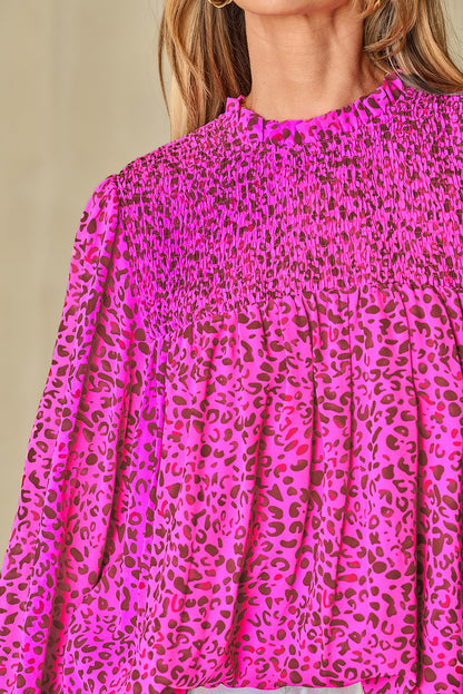 Leopard Shirred Puff Sleeve Flowy Blouse | Rose